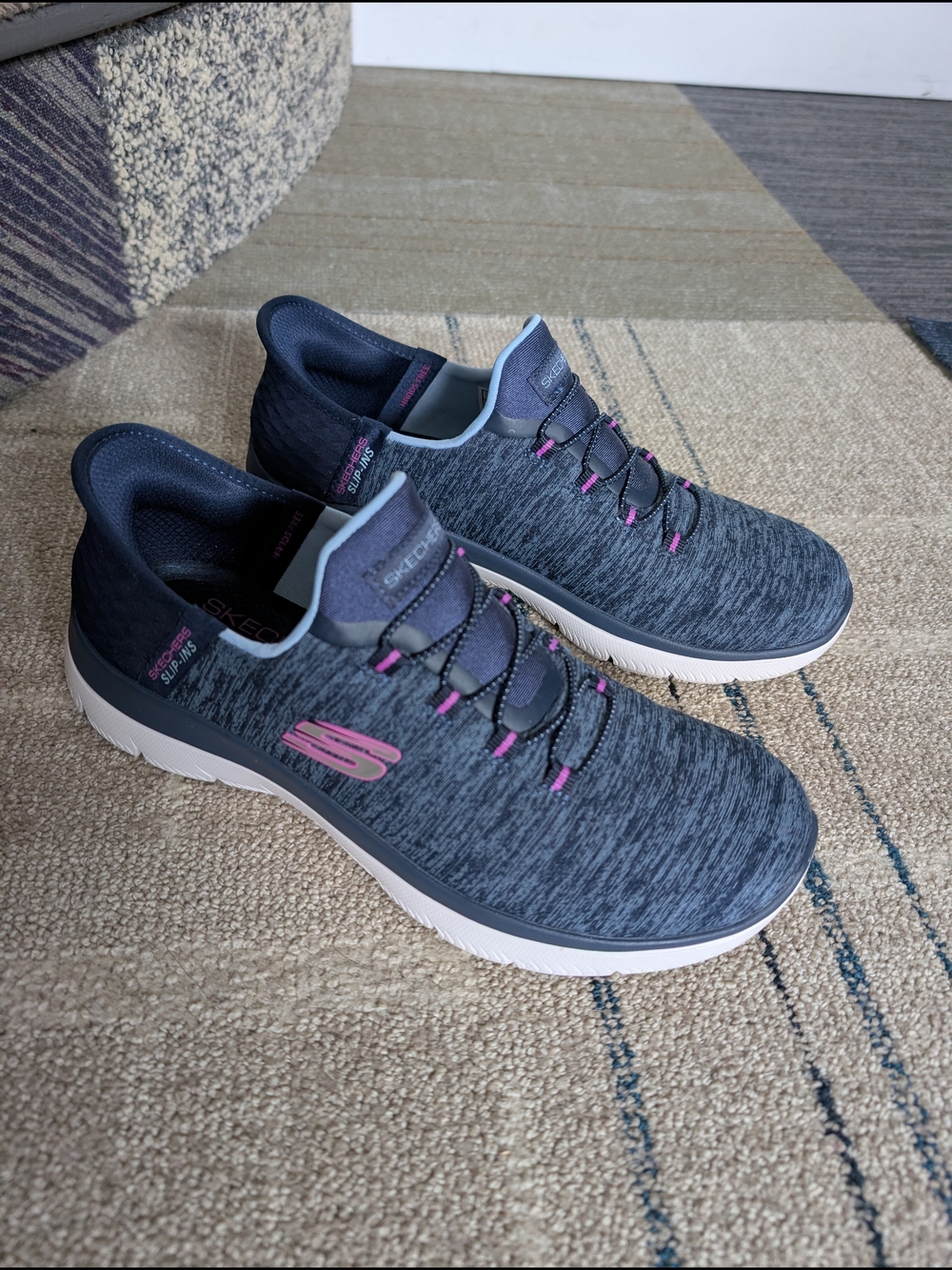 Skechers Navy Blue Knit Slip-On Sneakers with Pink Accents